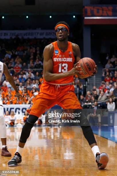 Paschal Chukwu of the Syracuse Orange controls the ball during the game against the Arizona State Sun Devils at UD Arena on March 14, 2018 in Dayton,...