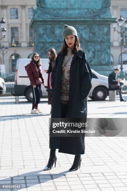 Model Joan Smalls wears a Nina Ricci coat, Under Armour dress day 3 of Paris Womens Fashion Week Spring/Summer 2018, on February 28, 2018 in London,...