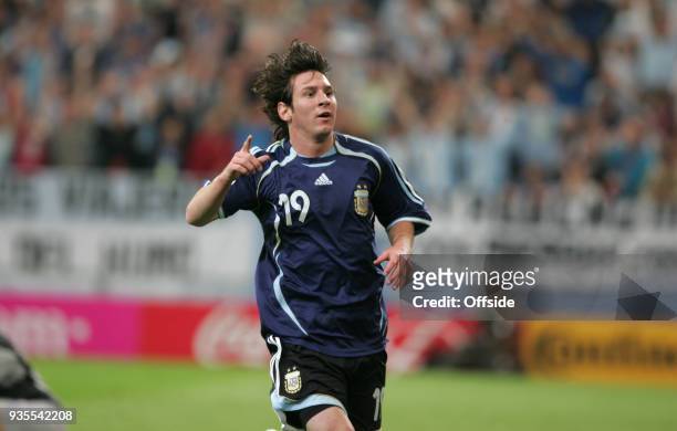 June 2006 Gelsenkirchen, FIFA World Cup - Argentina v Serbia and Montenegro - Lionel Messi celebrates after scoring a goal for Argentina