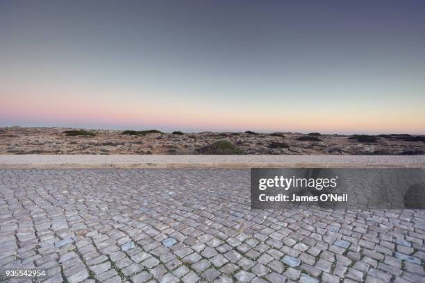 empty cobbled road at dawn, portugal - paralelepípedo - fotografias e filmes do acervo