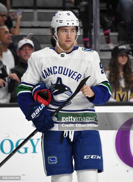 Brendan Leipsic of the Vancouver Canucks takes a break during a stop in play in the third period of a game against the Vegas Golden Knights at...
