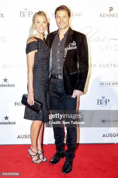 Brodie Harper and Heath Meldrum attends the Glamour on The Grid Party at Albert Park on March 21, 2018 in Melbourne, Australia.