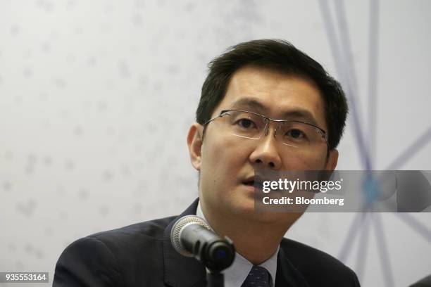 Ma Huateng, chairman and chief executive officer of Tencent Holdings Ltd., speaks during a news conference in Hong Kong, China, on Wednesday, March...