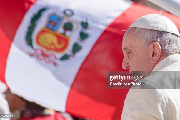 Pope Francis portrayed with peruvian flag when his arrives for the General Audience in Saint Peters Square, Vatican City, 21 March 2018
