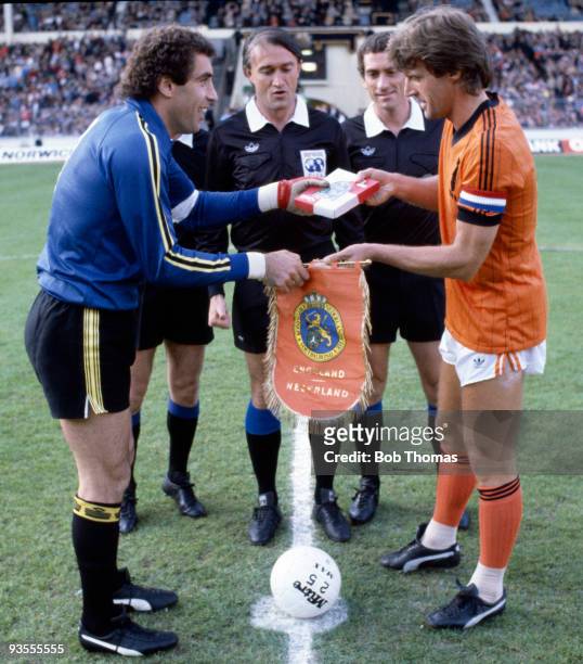England captain Peter Shilton meets Holland captain Rudi Krol before the International Friendly between England and Holland held at Wembley Stadium,...
