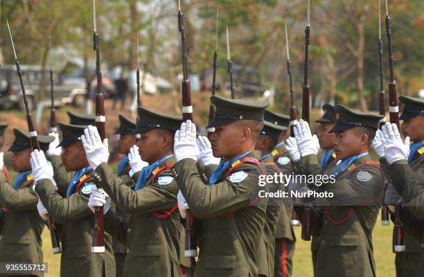 Cadres of National Socialist Council of Nagaland Isak Muivah performs a drill during the 39th Naga republic day celebration at the Council...