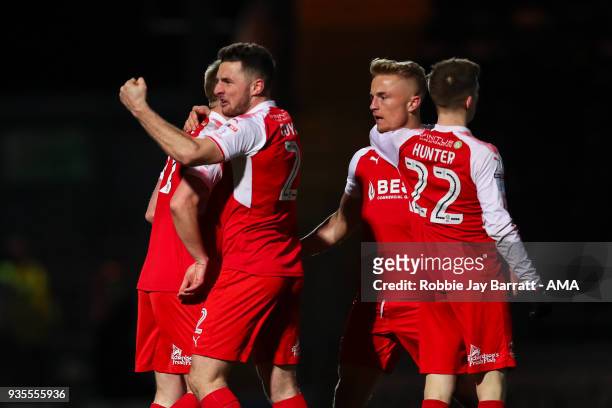 Lewis Coyle of Fleetwood Town celebrates the first goal during the Sky Bet League One match between Rochdale and Fleetwood Town at Spotland Stadium...