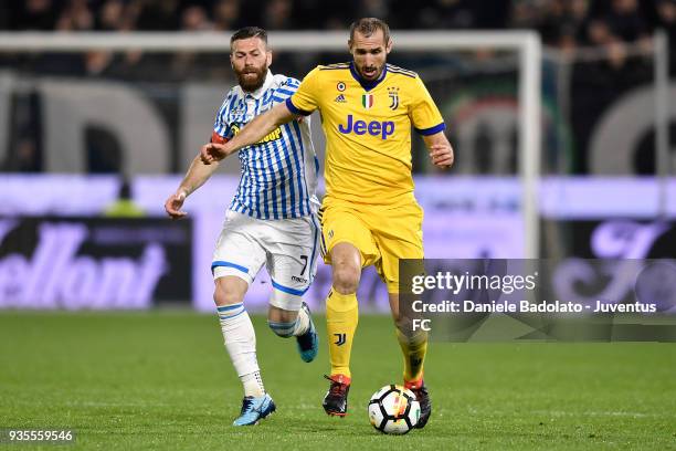 Mirco Antenucci of Spal and Giorgio Chiellini of Juventus during the serie A match between Spal and Juventus at Stadio Paolo Mazza on March 17, 2018...