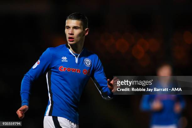 Mihal Dobre of Rochdale during the Sky Bet League One match between Rochdale and Fleetwood Town at Spotland Stadium on March 20, 2018 in Rochdale,...