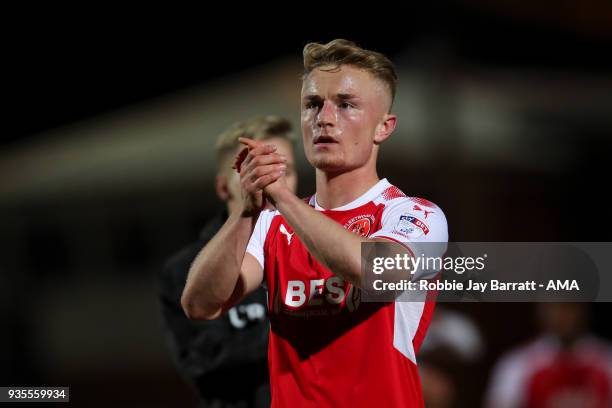 Kyle Dempsey of Fleetwood Town applauds the fans during the Sky Bet League One match between Rochdale and Fleetwood Town at Spotland Stadium on March...