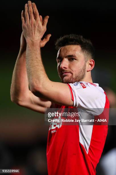 Lewis Coyle of Fleetwood Town applauds the fans during the Sky Bet League One match between Rochdale and Fleetwood Town at Spotland Stadium on March...