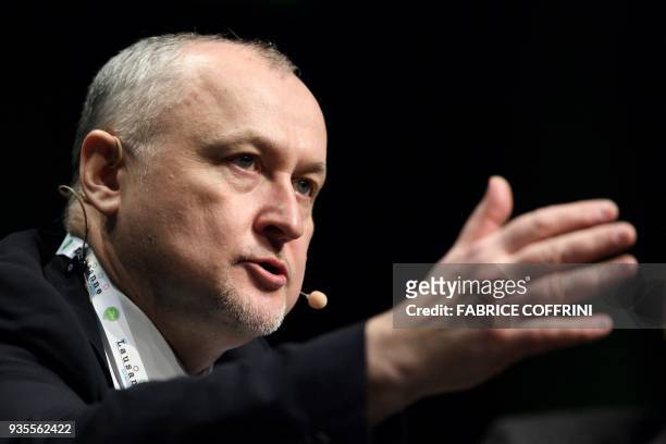 Russian anti-doping agency director general, Yury Ganus gestures during a debate at the 2018 edition of the World Anti-Doping Agency Annual Symposium...
