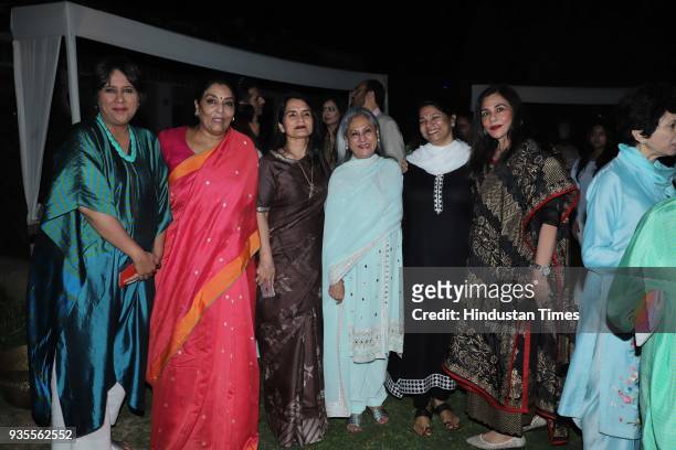 Indian journalist Barkha Dutt, Congress leader Renuka Chowdhury, actor-politician Jaya Bachchan and politician MK Kanimozhi during a party to...