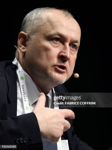 Russian anti-doping agency director general, Yury Ganus speaks during a debate at the 2018 edition of the World Anti-Doping Agency Annual Symposium...