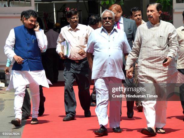 Deepak Kesarkar, Anil Anna Gote and Ramraje Naik Nimbalkar during the budget session at Vidhan Bhavan, on March 20, 2018 in Mumbai, India.