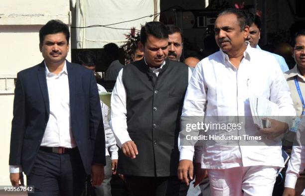 Ram Shinde, CM Devendra Fadnavis and Jayant Patil during the budget session at Vidhan Bhavan, on March 20, 2018 in Mumbai, India.