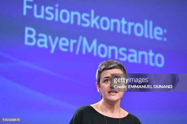 European Commissioner for competition Margrethe Vestager addresses a press conference focused on the proposed blockbuster buyout of US agri-giant...