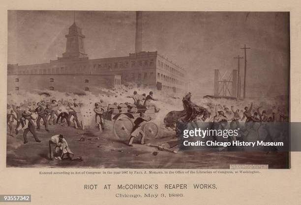 Photograph of a painting of men fighting, with a horse and wagon in the foreground, during riots at the McCormick Reaper Works, May 3, 1886. The...