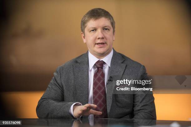 Andriy Kobolyev, chief executive officer of NAK Naftogaz Ukrainy, gestures while speaking during a Bloomberg Television interview in London, U.K., on...