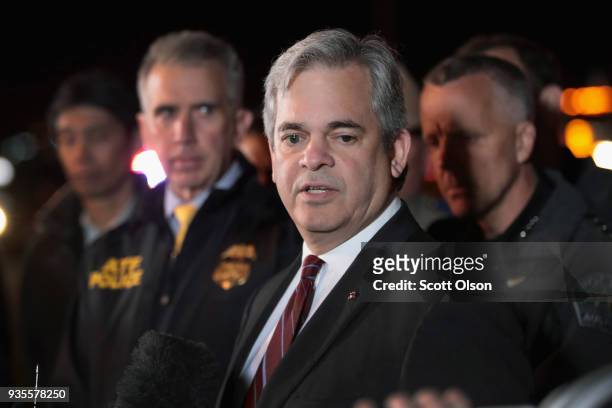 Austin Mayor Steve Adler speaks to the media near the location where the suspected package bomber was killed in suburban Austin on March 21, 2018 in...