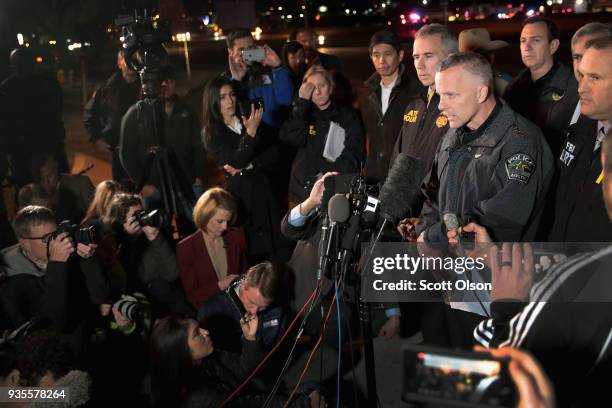 Austin Police Chief Brian Manley speaks to the media near the location where the suspected package bomber was killed in suburban Austin on March 21,...