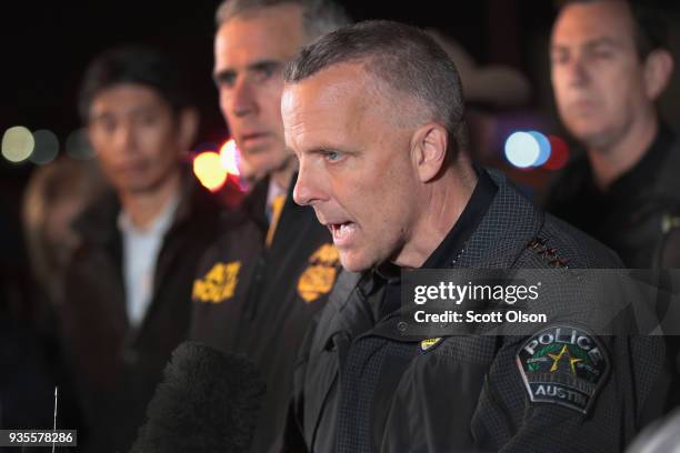 Austin Police Chief Brian Manley speaks to the media near the location where the suspected package bomber was killed in suburban Austin on March 21,...