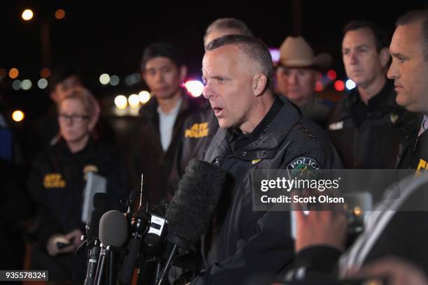 Austin Police Chief Brian Manley speaks to the media near the location where the suspected package bomber was killed in suburban Austin on March 21,...