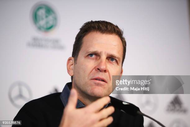 Oliver Bierhoff attends a Germany press conference ahead of their international friendly match against Spain at Hilton Hotel on March 21, 2018 in...