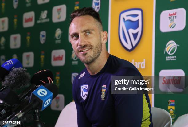 Faf du Plessis speaks to the media during the South African cricket team press conference at PPC Newlands Stadium on March 21, 2018 in Cape Town,...