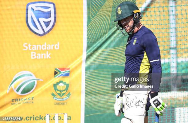 Faf du Plessis looks on during the South African cricket team training session at PPC Newlands Stadium on March 21, 2018 in Cape Town, South Africa.