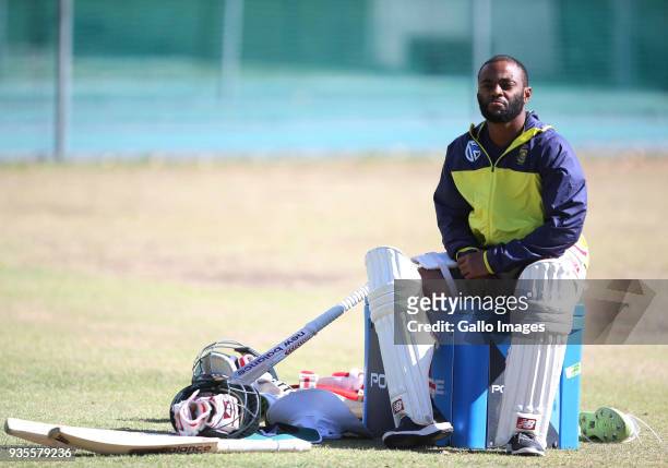 Temba Bavuma looks on during the South African cricket team training session at PPC Newlands Stadium on March 21, 2018 in Cape Town, South Africa.