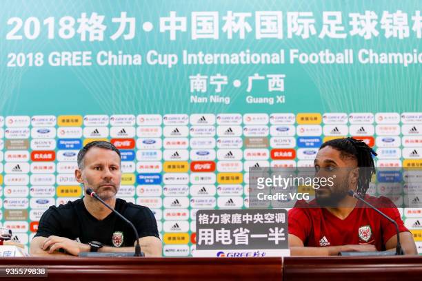 Head coach Ryan Giggs of Wales and his player Ashley Williams attend a press conference ahead of the 2018 China Cup International Football...