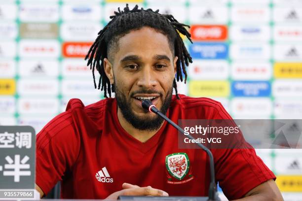 Ashley Williams of Wales attends a press conference ahead of the 2018 China Cup International Football Championship on March 21, 2018 in Nanning,...