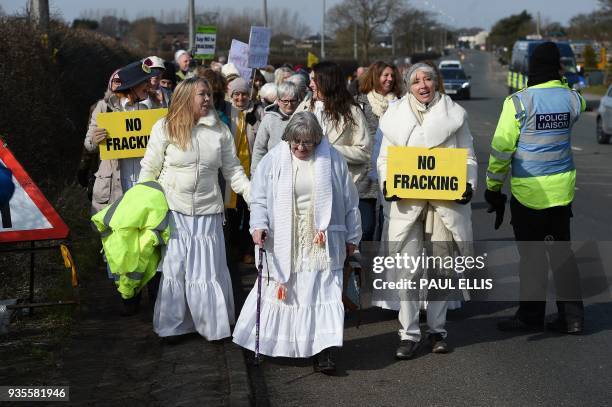 Anti-fracking protesters are joined by English actresses Emma Thompson during a protest march at the Preston New Road drill site where energy firm...