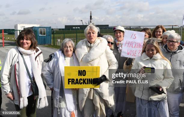 Anti-fracking protesters are joined by English actresses Emma Thompson during a protest march at the Preston New Road drill site where energy firm...