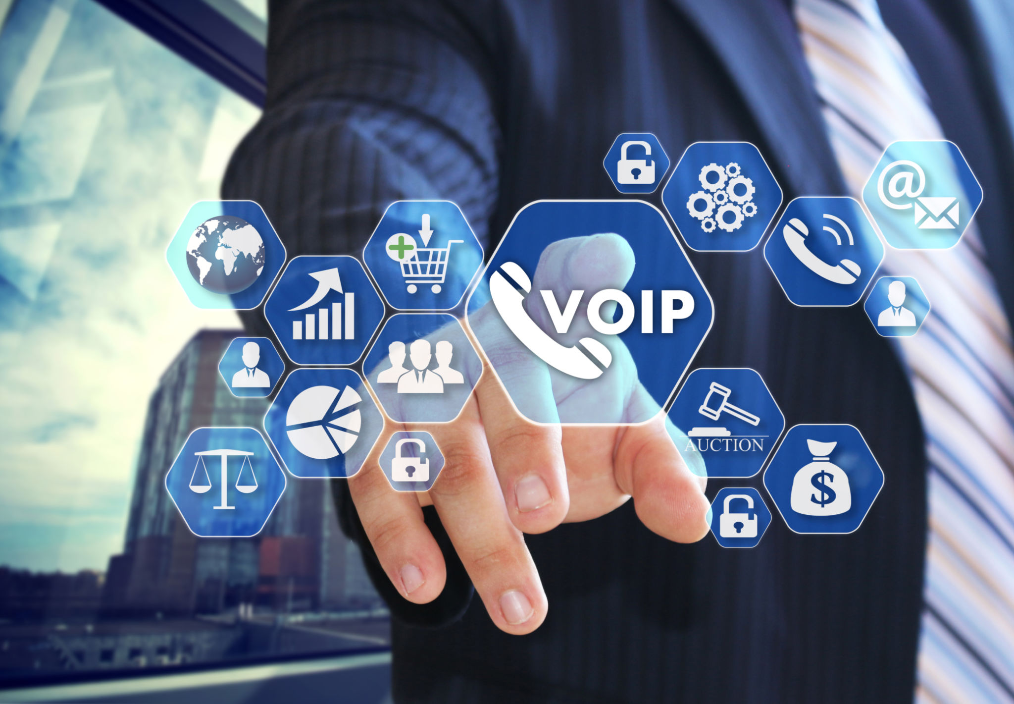 The businessman chooses VOIP on the virtual screen in social network connection. The businessman chooses VOIP on the virtual screen in social network connection.