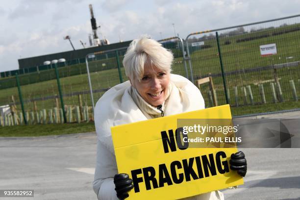 English actresses Emma Thompson poses for a photograph after participating in an anti-fracking protest march at the Preston New Road drill site where...