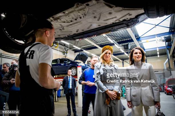 Queen Rania of Jordan and Queen Maxima of The Netherlands visit the ROC Mondriaan technical school on March 21, 2018 in The Hague, Netherlands.