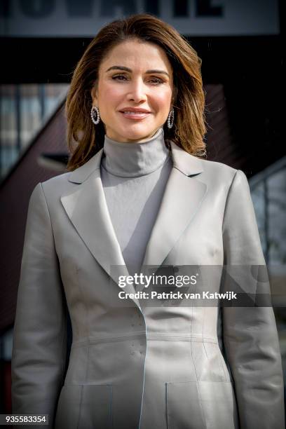 Queen Rania of Jordan visits the ROC Mondriaan technical school on March 21, 2018 in The Hague, Netherlands.