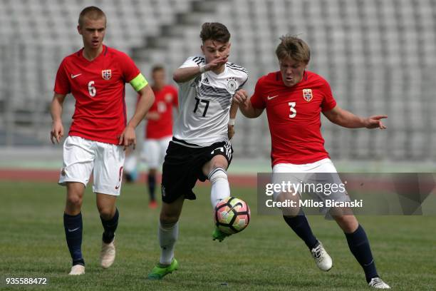 Oliver Batista Meier of Germany in action during the Germany vs Norway U17 at Pampeloponnisiako Stadium on March 21, 2018 in Patras, Greece.