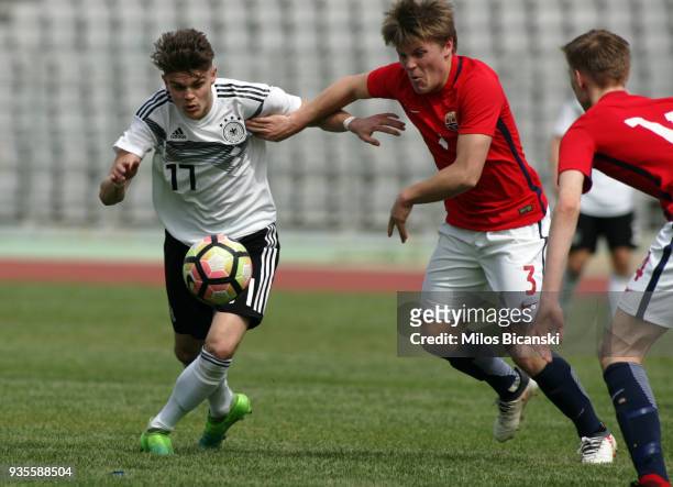 Oliver Batista Meier of Germany in action during the Germany vs Norway U17 at Pampeloponnisiako Stadium on March 21, 2018 in Patras, Greece.