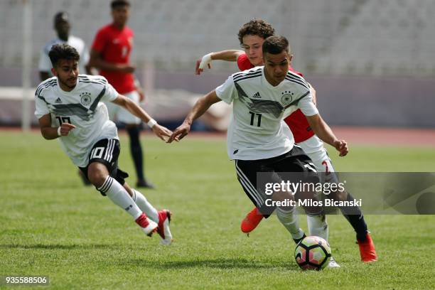 Oliver Batista Meier of Germany celebrate a goal during the Germany vs Norway U17 at Pampeloponnisiako Stadium on March 21, 2018 in Patras, Greece.