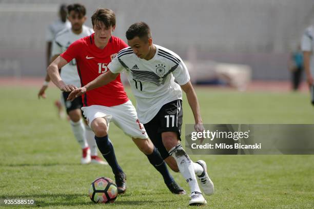 Oliver Batista Meier of Germany celebrate a goal during the Germany vs Norway U17 at Pampeloponnisiako Stadium on March 21, 2018 in Patras, Greece.