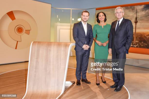 Andreas Wunn, Jana Pareigis and Peter Frey during the ZDF Mittagsmagazin photo call on March 21, 2018 in Berlin, Germany.