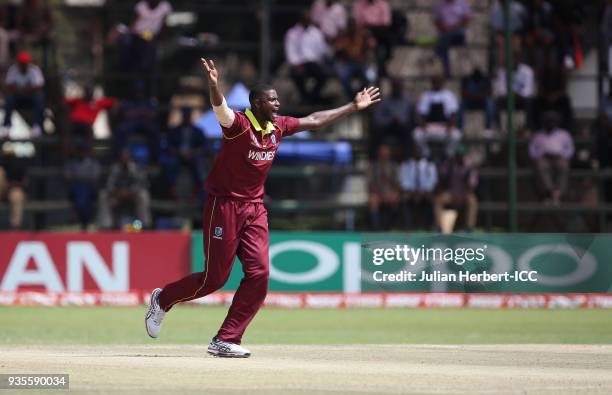 Jason Holder of the West Indies celebrates the wicket of Matthew Cross of Scotland during The ICC Cricket World Cup Qualifier between the West Indies...