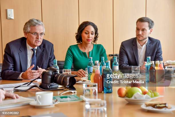 Andreas Wunn, Jana Pareigis and Peter Frey during the ZDF Mittagsmagazin photo call on March 21, 2018 in Berlin, Germany.