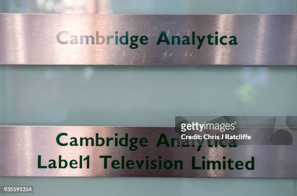 Signs for company Cambridge Analytica in the lobby of the building in which they are based on March 21, 2018 in London, England. UK authorities are...