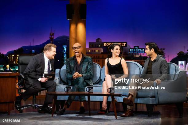 RuPaul Charles, Jenny Slate, and Kumail Nanjiani chat with James Corden during "The Late Late Show with James Corden," Monday, March 19, 2018 On The...