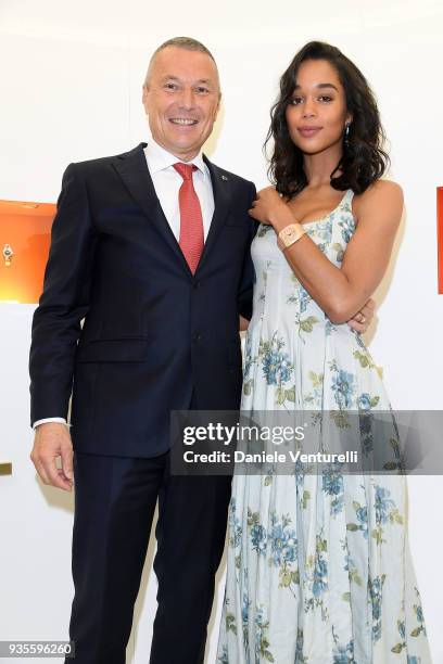 Of Bvlgari Jean-Christophe Babin and Laura Harrier attend Bvlgari Press Conference At Baselworld 2018 on March 21, 2018 in Basel, Switzerland.