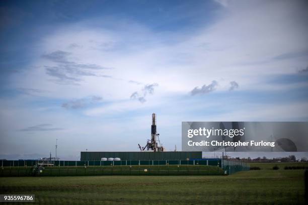 General view of the drilling rig as people take part in a protest march at the Preston New Road site where energy firm Cuadrilla have set up fracking...